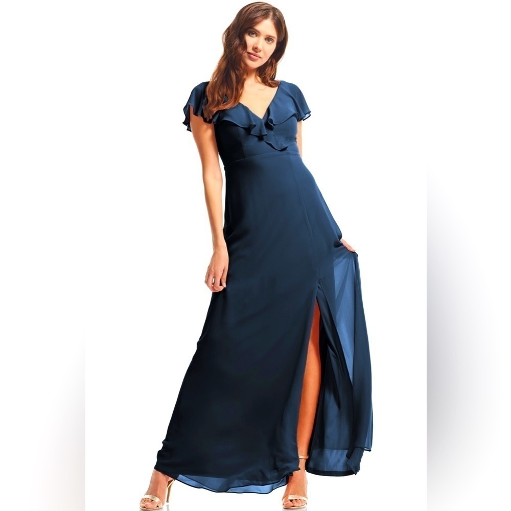 NWT BILL LEVKOFF Mariam Chiffon V-Neck A-Line Princess Dress 7204 Navy 14